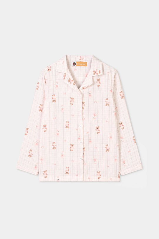 Girls Linen Viscose Nightwear-Teddy-Off.White