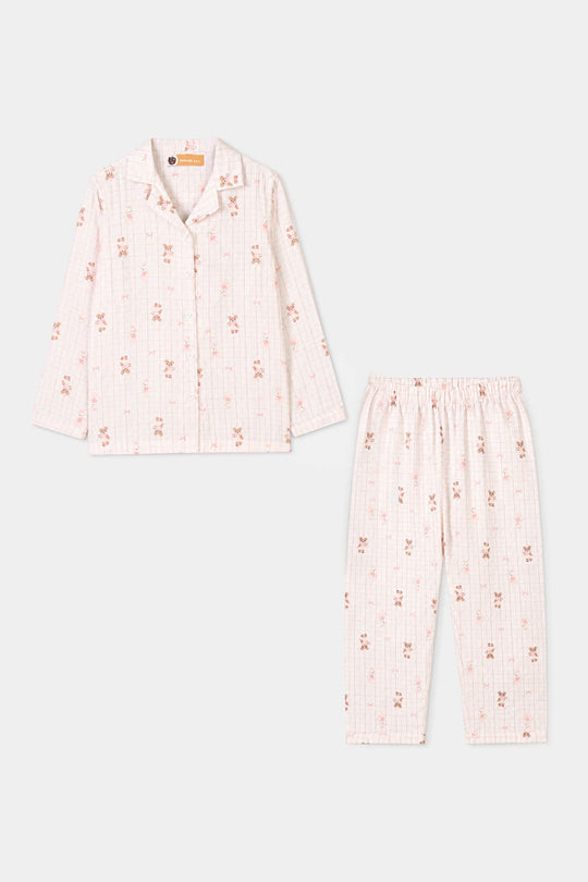 Girls Linen Viscose Nightwear-Teddy-Off.White
