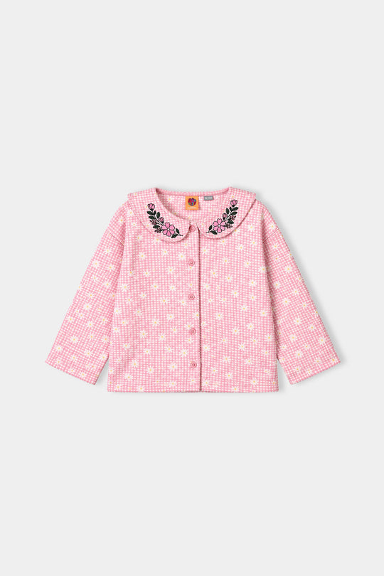 Girls Poly Crinkle 2 Pcs Suit Flowers on Collars-Pink