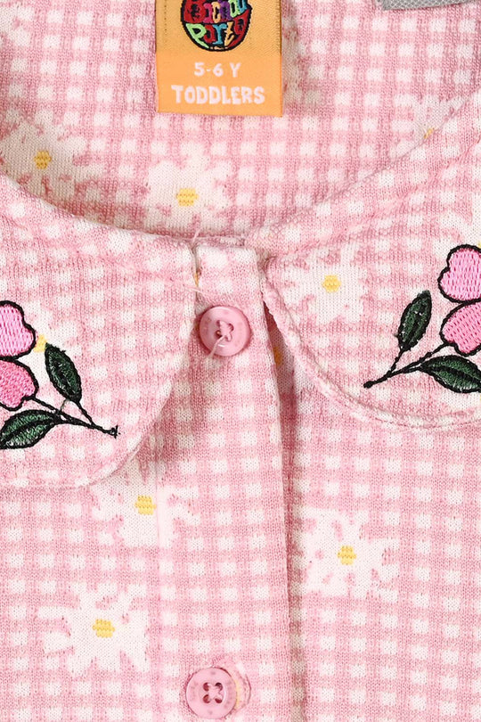 Girls Poly Crinkle 2 Pcs Suit Flowers on Collars-Pink