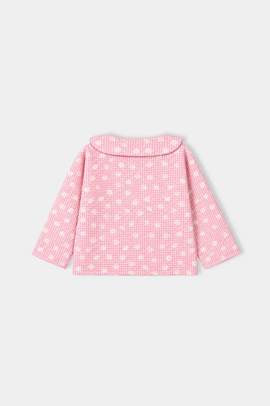 Girls Poly Crinkle 2 Pcs Suit Flowers on Collars-Pink