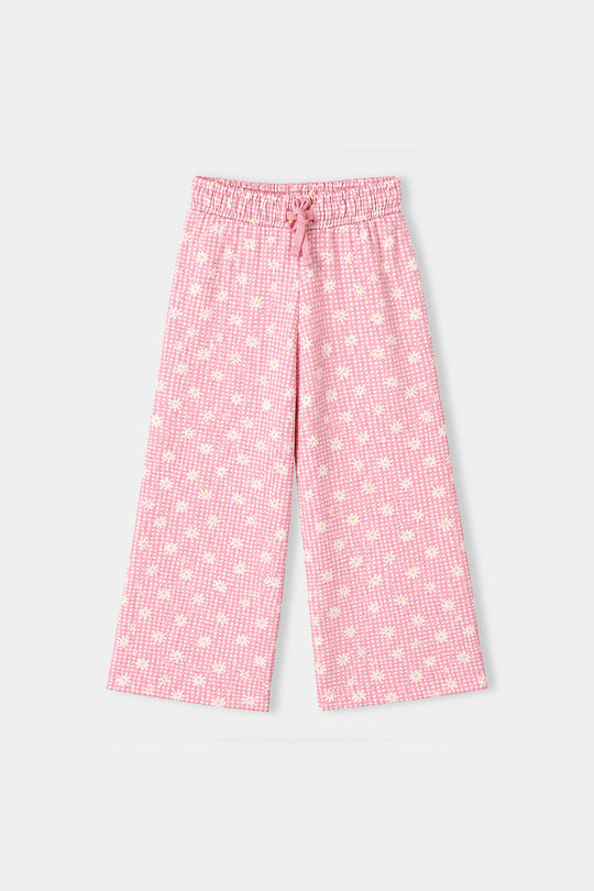 Girls Poly Crinkle 2 Pcs Suit Flowers on Collars-Pink