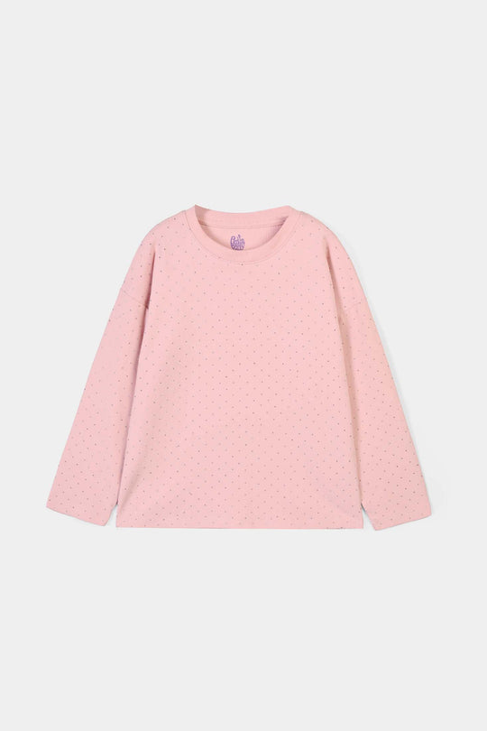 Girls Lycra Jersey T-Shirt Silver Studs-PINK