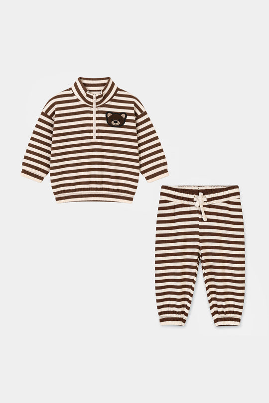 Infant Boys Cotton Terry 2Pcs Suit Stripes-BROWN