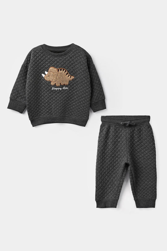 Infant Boys Quilted 2 Pcs Suit Happy Dino - Grey