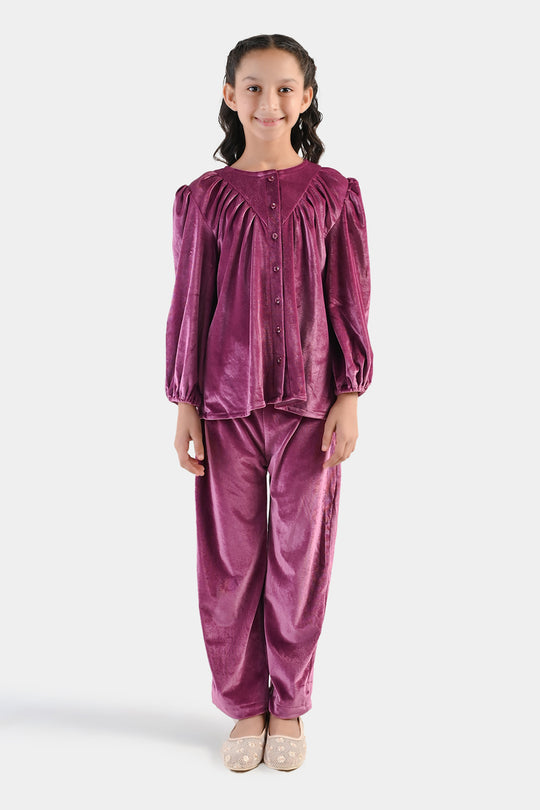 Girls Velvet Co-Ord Set Raspberry