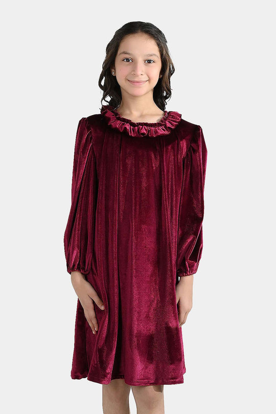 Girls Velvet Casual Frock Dream-MAROON