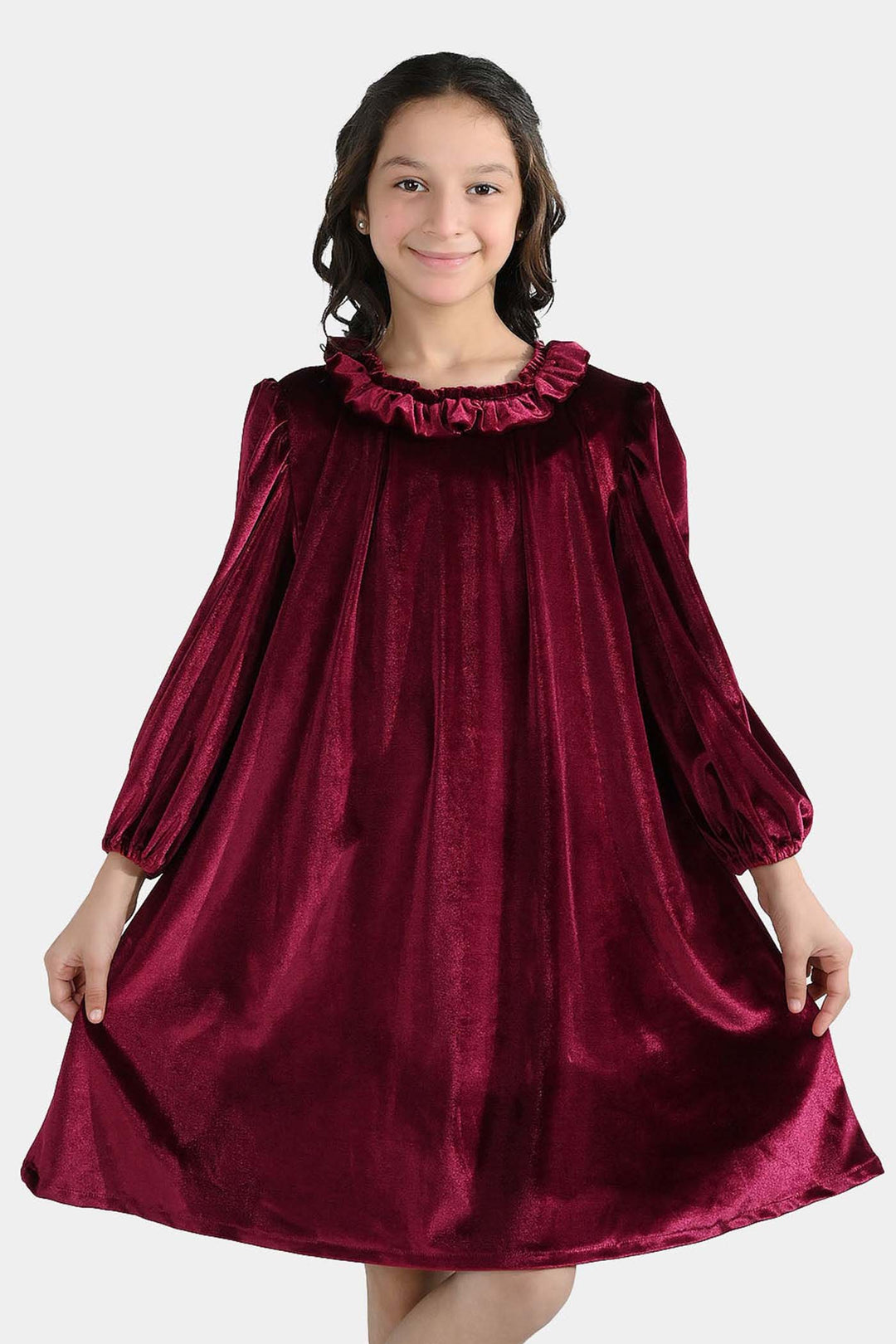 Girls Velvet Casual Frock Dream-MAROON