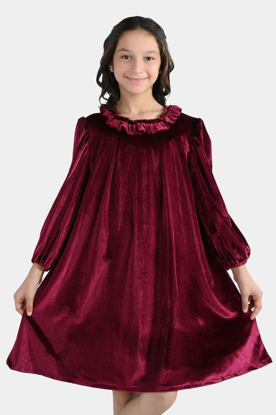 Girls Velvet Casual Frock Dream-MAROON