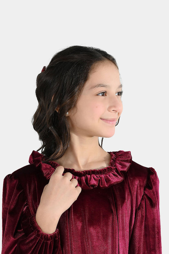 Girls Velvet Casual Frock Dream-MAROON