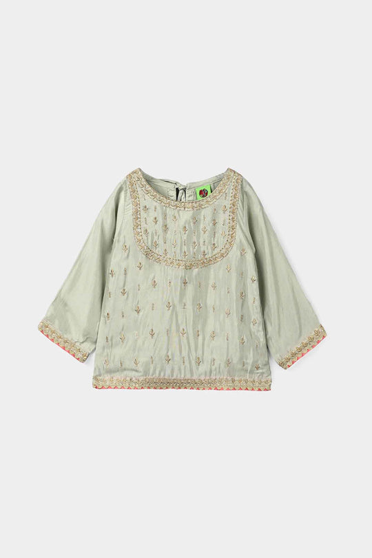 Infant Girls Raw Silk 2 Pcs Boondi - Grape Green