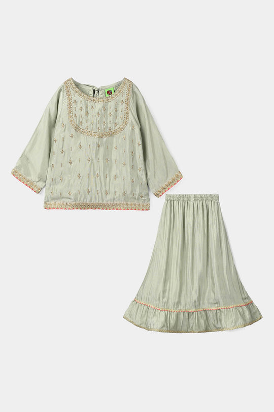 Infant Girls Raw Silk 2 Pcs Boondi - Grape Green