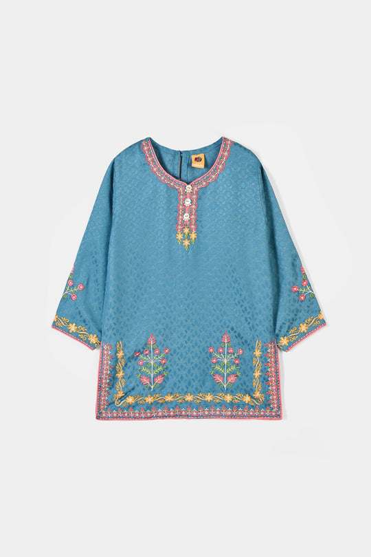Girls Jacquard Emb 2Pcs Flower Waves-Teal
