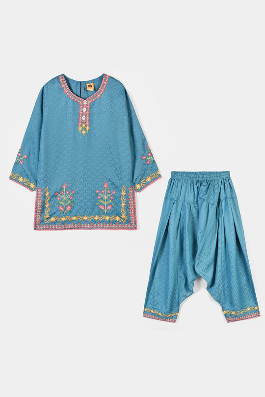 Girls Jacquard Emb 2Pcs Flower Waves-Teal