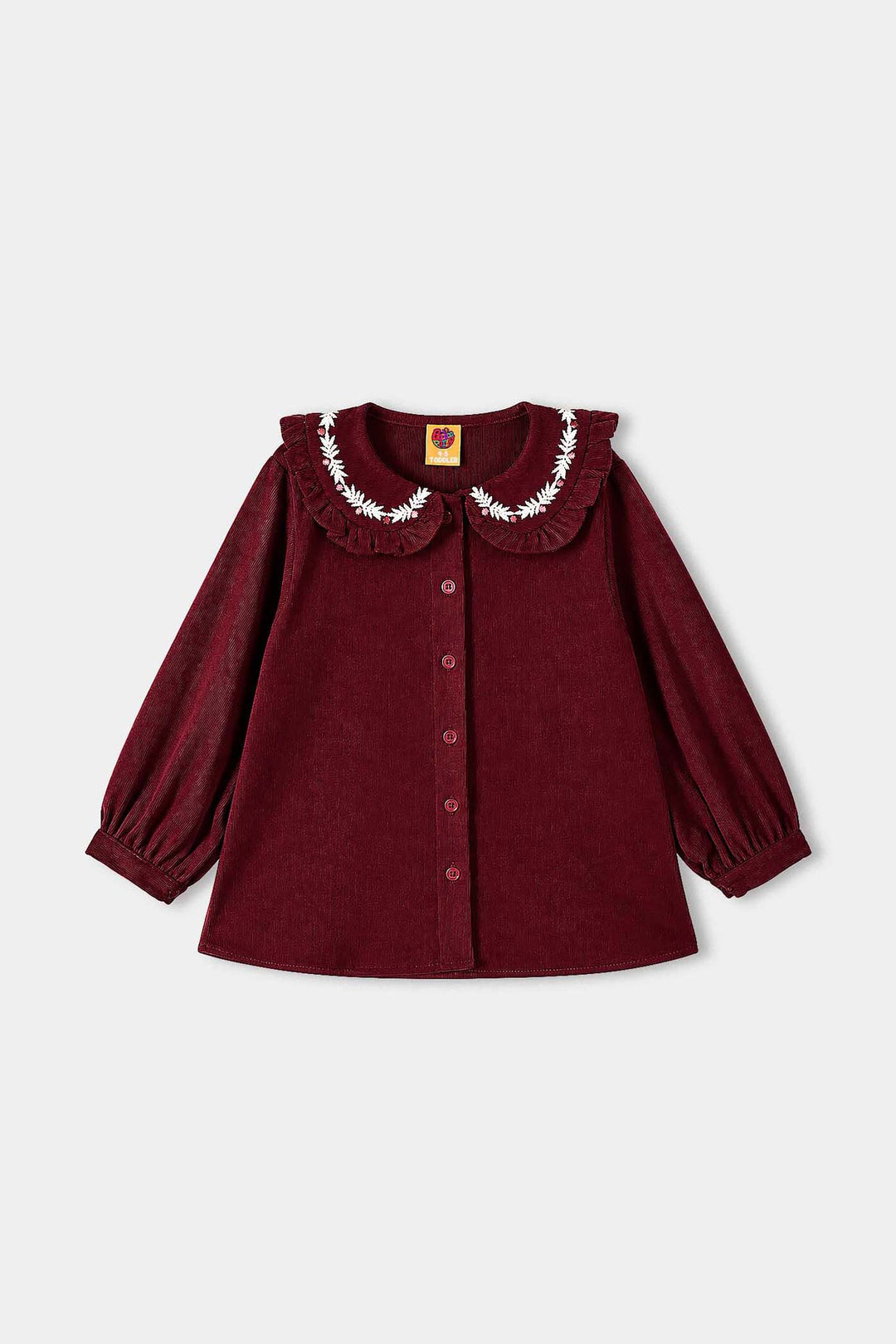 Girls Corduroy Emb Top Ruffle Collar-MAROON