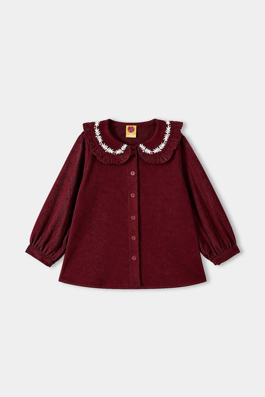 Girls Corduroy Emb Top Ruffle Collar-MAROON
