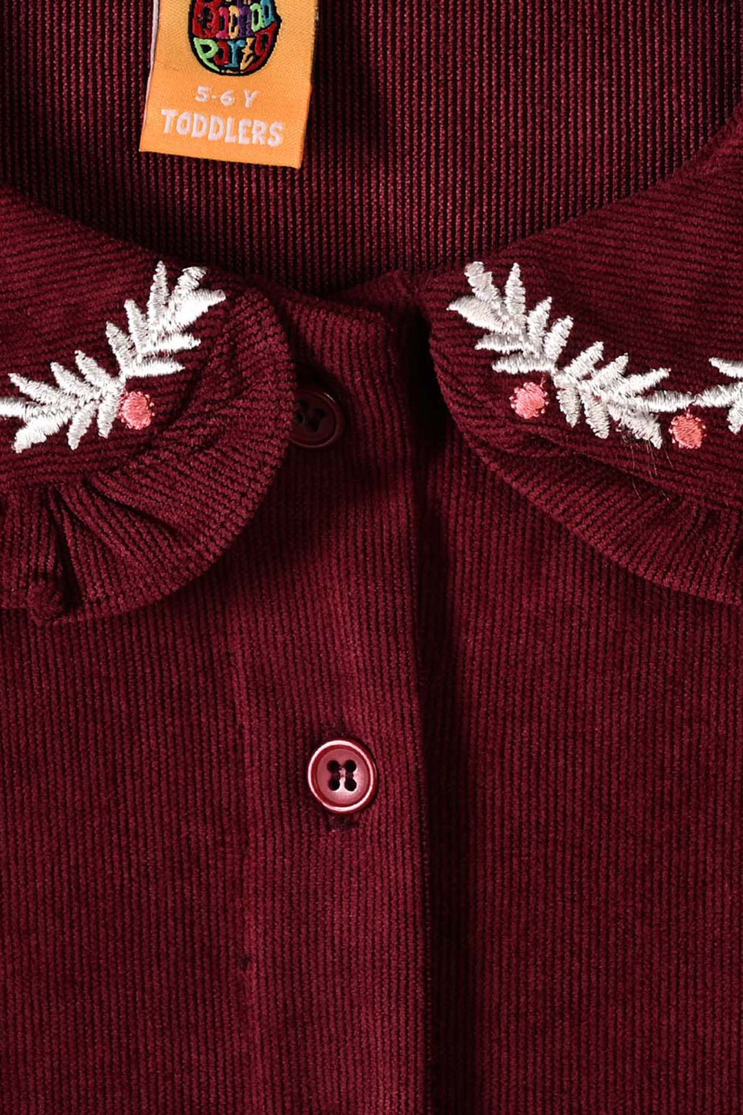 Girls Corduroy Emb Top Ruffle Collar-MAROON