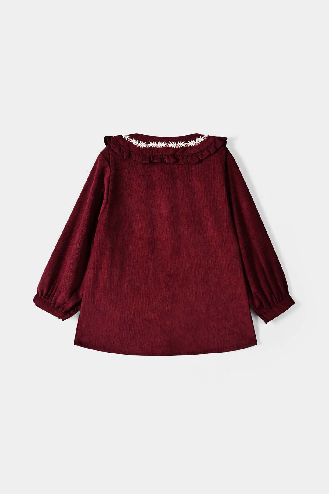 Girls Corduroy Emb Top Ruffle Collar-MAROON