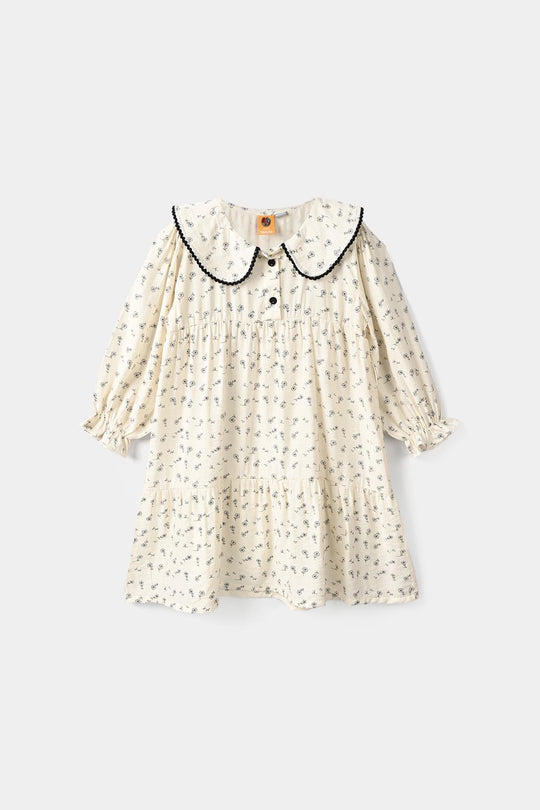 Girls Poly Viscose Casual Frock Sketch Flowers - White