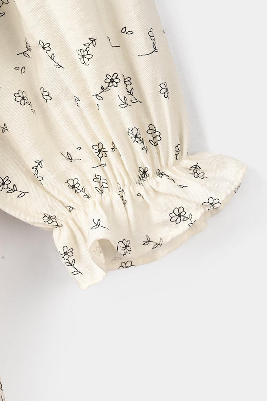 Girls Poly Viscose Casual Frock Sketch Flowers - White