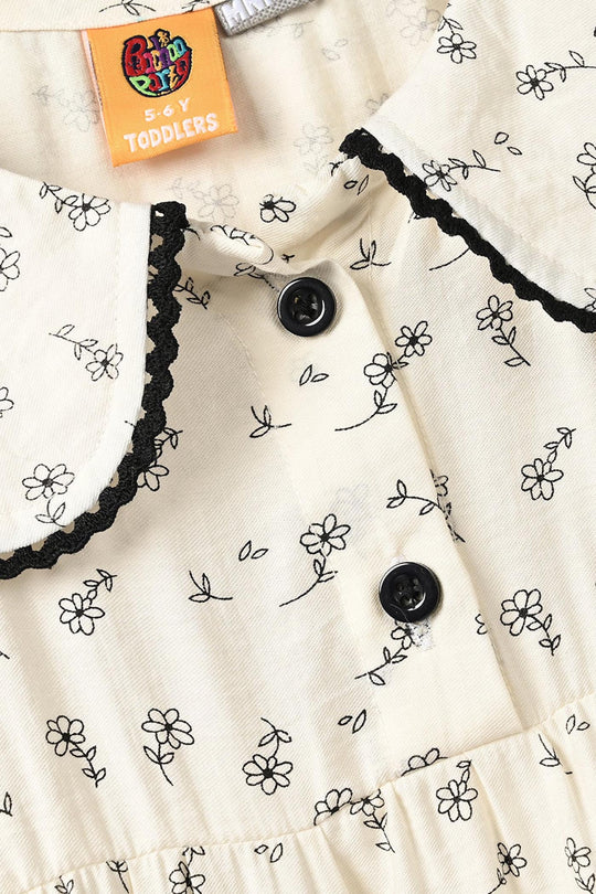 Girls Poly Viscose Casual Frock Sketch Flowers - White