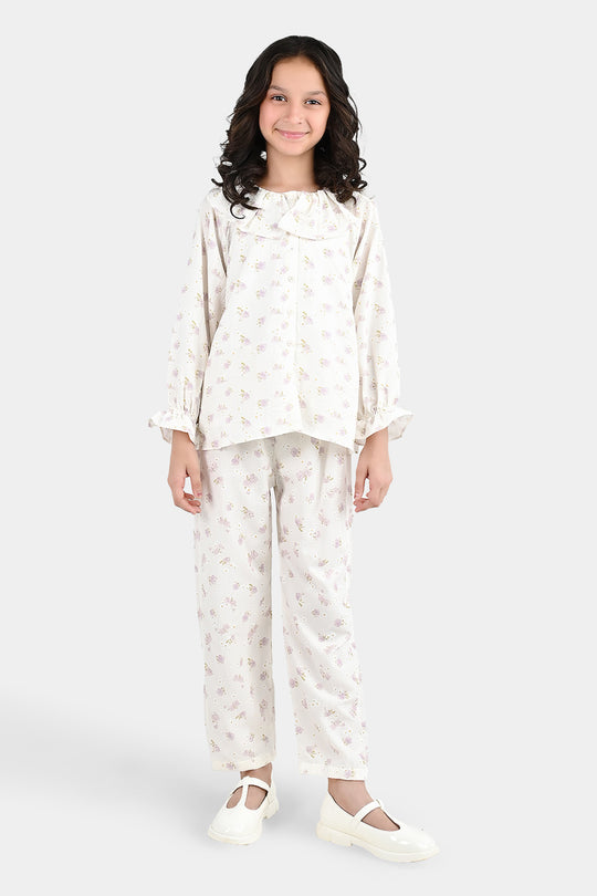 Girls Polyester Co-Ord Set Jasmine-White