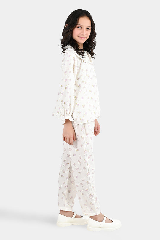 Girls Polyester Co-Ord Set Jasmine-White