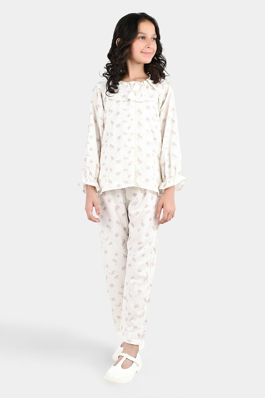 Girls Polyester Co-Ord Set Jasmine-White