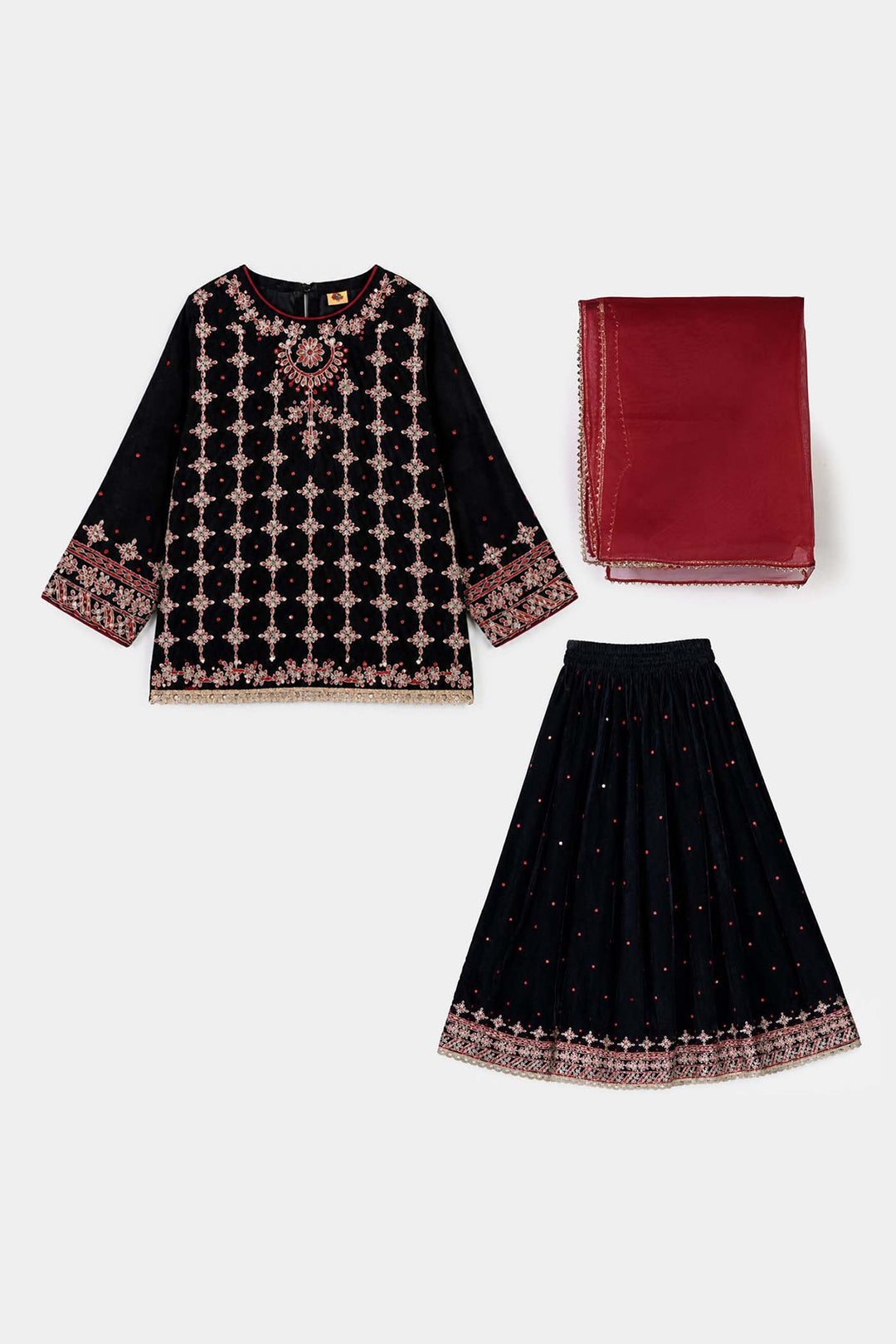Girls Velvet 3Pcs Libaas-Navy Blue