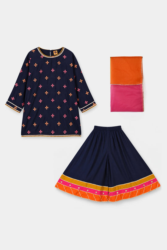 Girls Raw Silk 3Pcs Shah Noor-Navy Blue