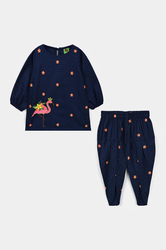 Infant Girls Jacquard Emb 2Pcs Adorable - Navy Blue