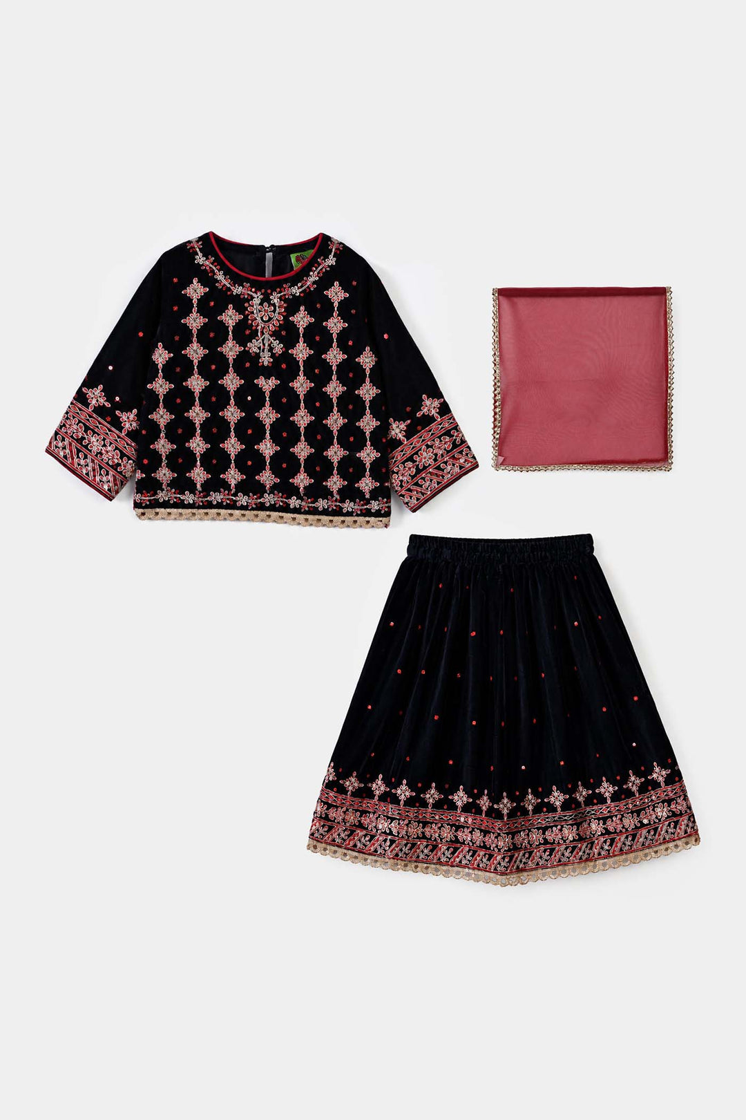 Infant Girls Velvet 3Pcs Libaas-Navy Blue