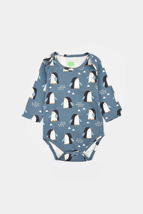 Infant Unisex Yarn Dyed Basic Romper Penguin -Blue