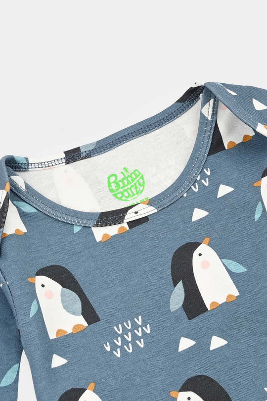 Infant Unisex Yarn Dyed Basic Romper Penguin -Blue