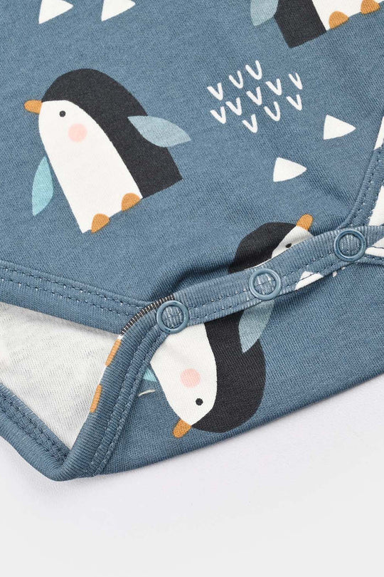 Infant Unisex Yarn Dyed Basic Romper Penguin -Blue