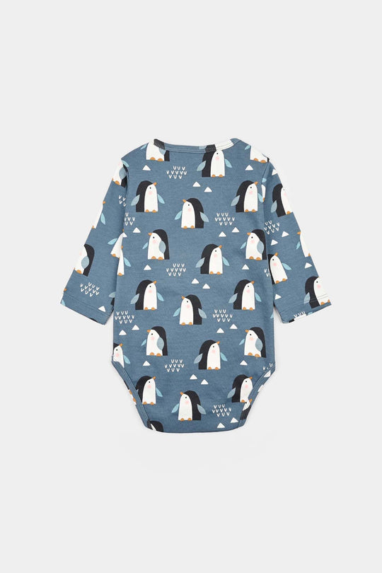 Infant Unisex Yarn Dyed Basic Romper Penguin -Blue