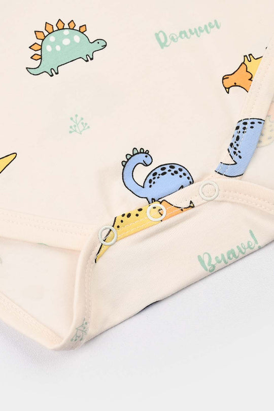 Infant Unisex Yarn Dyed Basic Romper Dino-Off.White