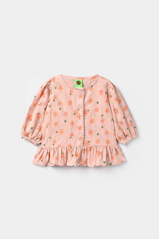 Infant Girls Cotton Jacquard 2 Pc Suit - Floral - Light Pink