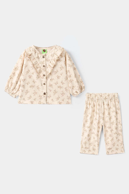 Infant Girls Cotton Slub 2 Pc Suit Faded Garden - Beige