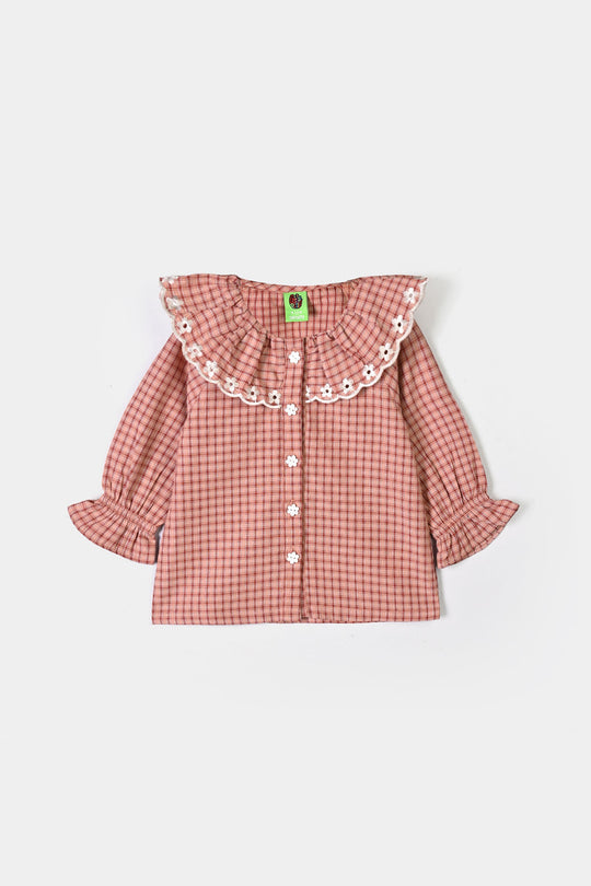 Infant Girls Yarn Dyed 2Pc Suit Checks -Peach