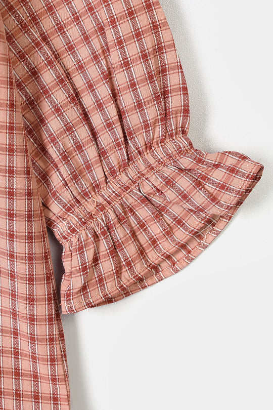 Infant Girls Yarn Dyed 2Pc Suit Checks -Peach