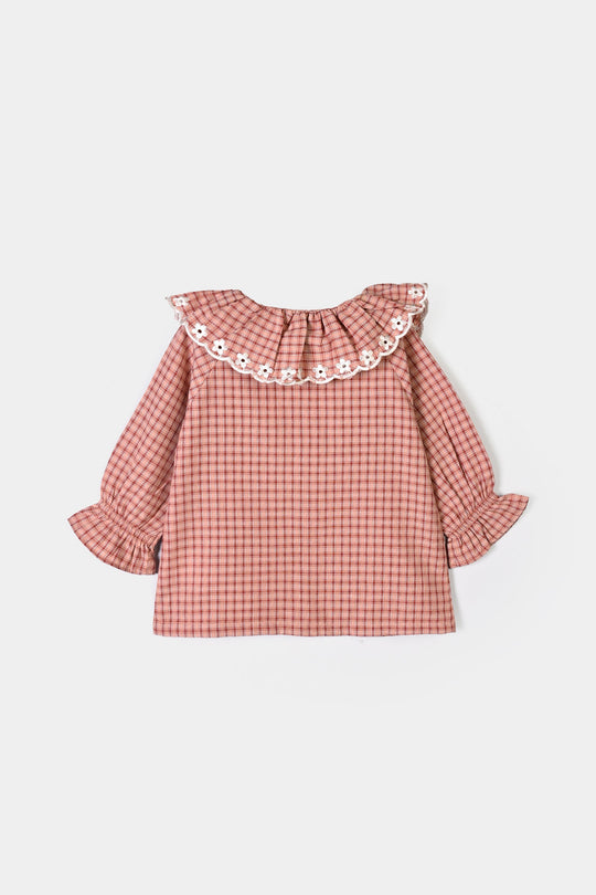 Infant Girls Yarn Dyed 2Pc Suit Checks -Peach