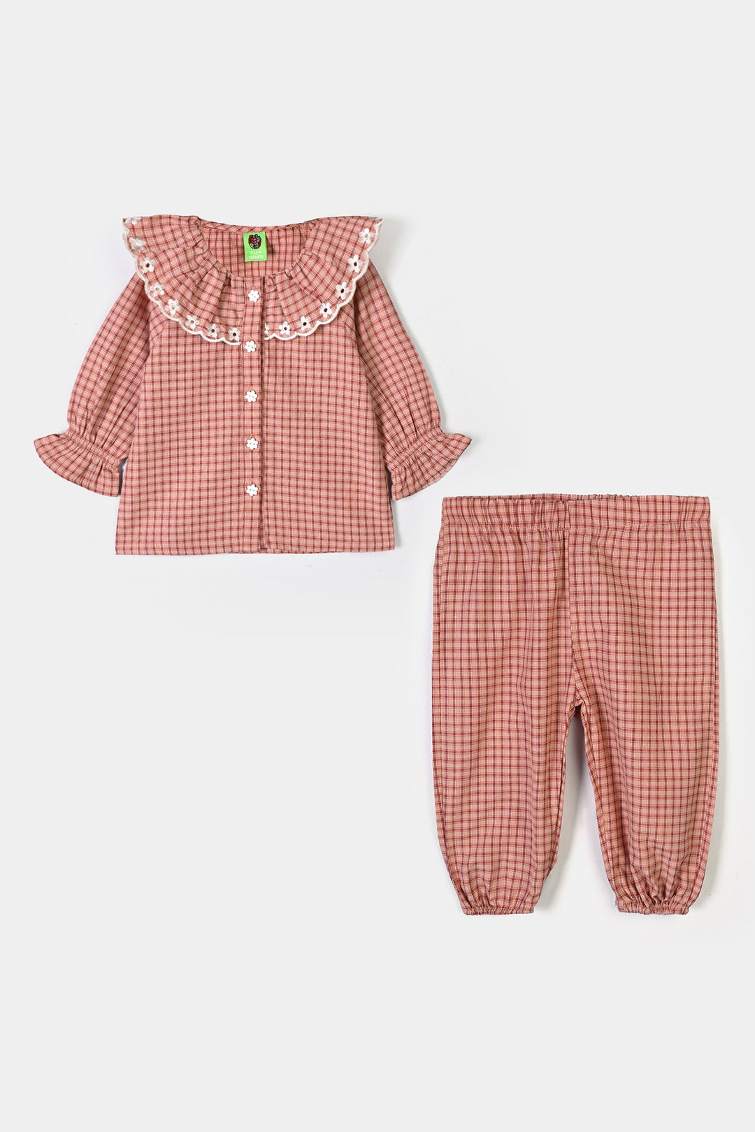 Infant Girls Yarn Dyed 2Pc Suit Checks -Peach