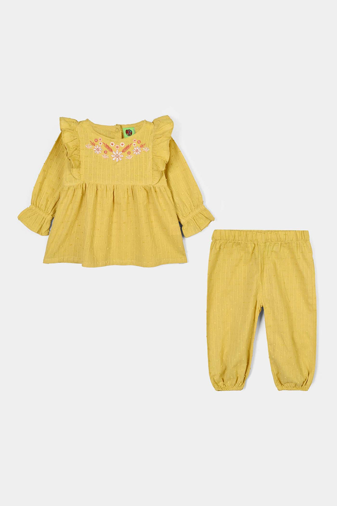 Infant Girls Cotton Jacquard 2Pc Suit-Floral-Yellow