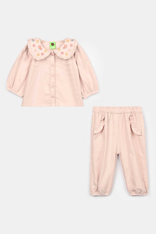 Infant Girls Flannel 2 Pc Suit - Butterfly - Light Pink