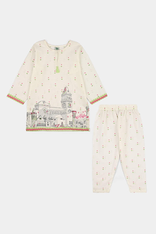Girls Cotton Sitara 2-Piece Suit – White
