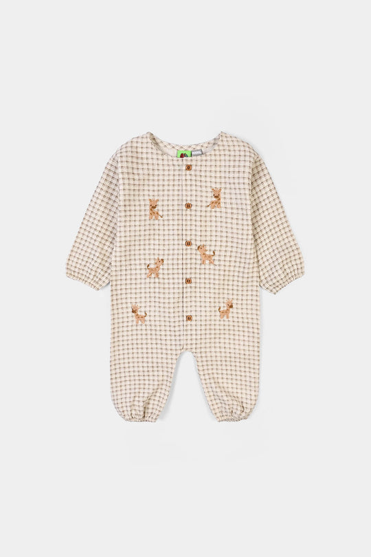 Infant Boys Cotton Woven Romper-Brown Checkered - Off White/Brown