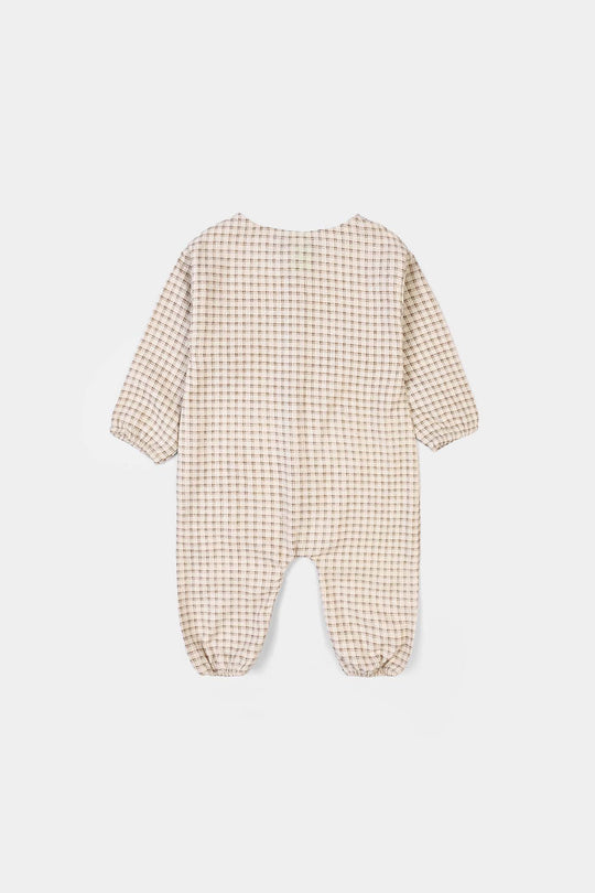 Infant Boys Cotton Woven Romper-Brown Checkered - Off White/Brown
