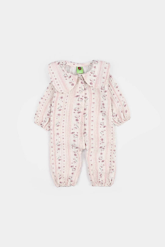 Infant Girls Jacquard Woven Romper - Lilac - Pink
