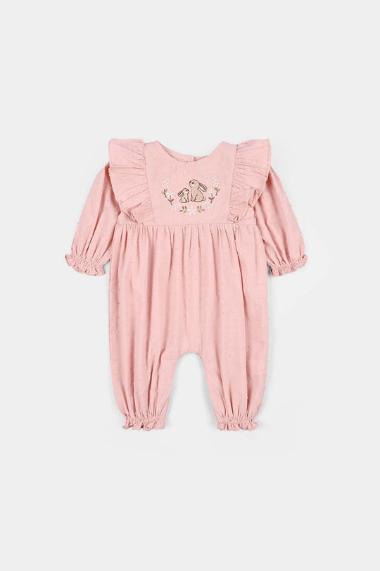 Infant Girls Cotton Jacquard Woven Romper - Blush - Pink